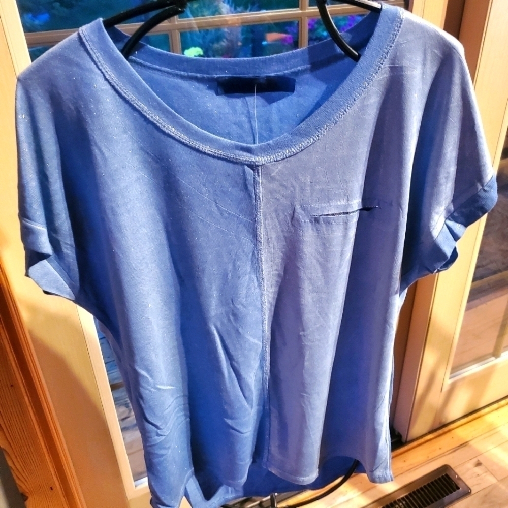 Amorosa Blue Metallic Pocket‎ Short Sleeve Made in Italy Sz. L/XL Top